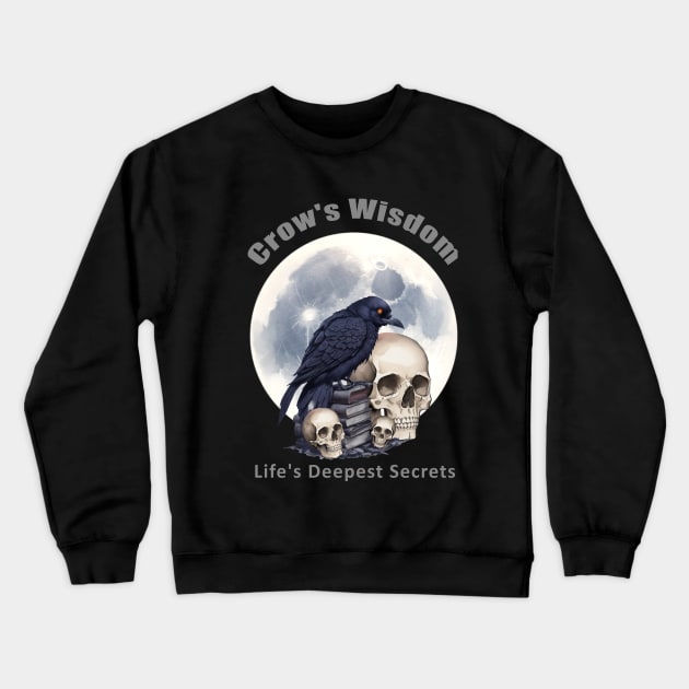 Raven reading books, full moon, witch, Halloween, crow, raven, corvid, books, magic, witchcraft, Wicca, Delving into the Mysteries of Existence Amidst the Wisdom of Ancient Pages Crewneck Sweatshirt by Collagedream